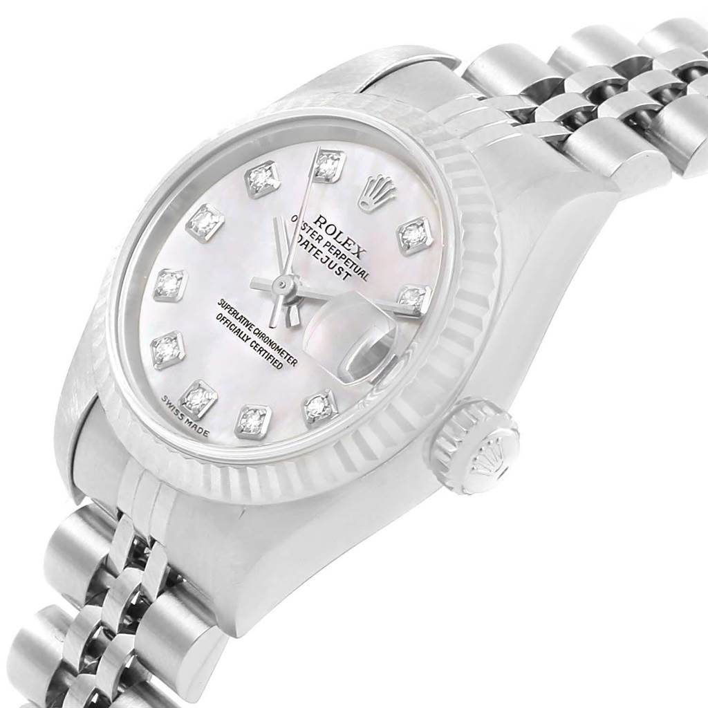 This image features a close-up angle of a Rolex Datejust 79174 Women
s Stainless Steel Mother of Pearl Dial 79174 Women
s Stainless Steel Mother of Pearl Dial watch, showing the dial, crown, and part of the bracelet.