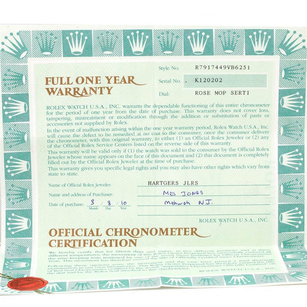 The image shows a warranty card for a Rolex Datejust 79174 Women
s Stainless Steel Mother of Pearl Dial 79174 Women
s Stainless Steel Mother of Pearl Dial watch, detailing the serial and model number, date of purchase, and certification.