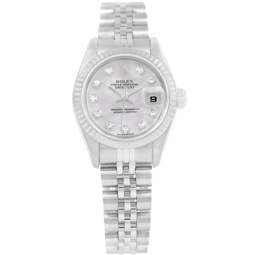This image shows a full frontal view of a Rolex Datejust 79174 Women
s Stainless Steel Mother of Pearl Dial 79174 Women
s Stainless Steel Mother of Pearl Dial watch, displaying its silver bracelet, dial, and date window.