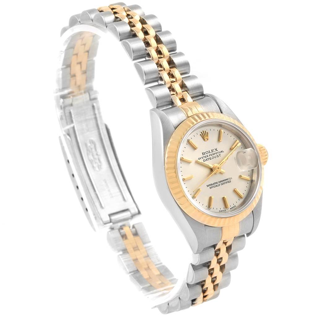 The image shows a Rolex Datejust 79173 Women's Steel and Gold (two tone) Silver Dial 79173 Women's Steel and Gold (two tone) Silver Dial watch from a front angle, highlighting its two-tone band, dial, and fluted bezel.