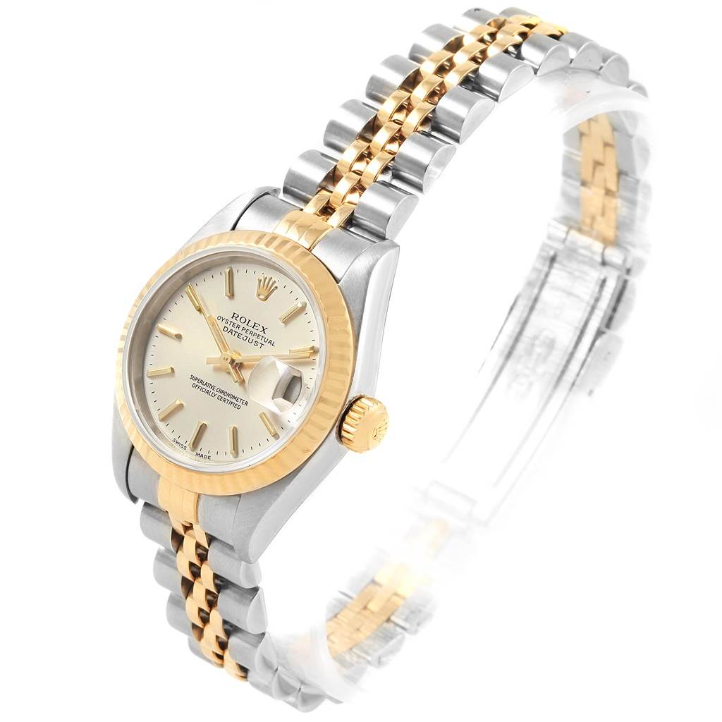 The image shows a Rolex Datejust 79173 Women's Steel and Gold (two tone) Silver Dial 79173 Women's Steel and Gold (two tone) Silver Dial watch from an angled view, highlighting the dial, bezel, crown, and two-tone bracelet.