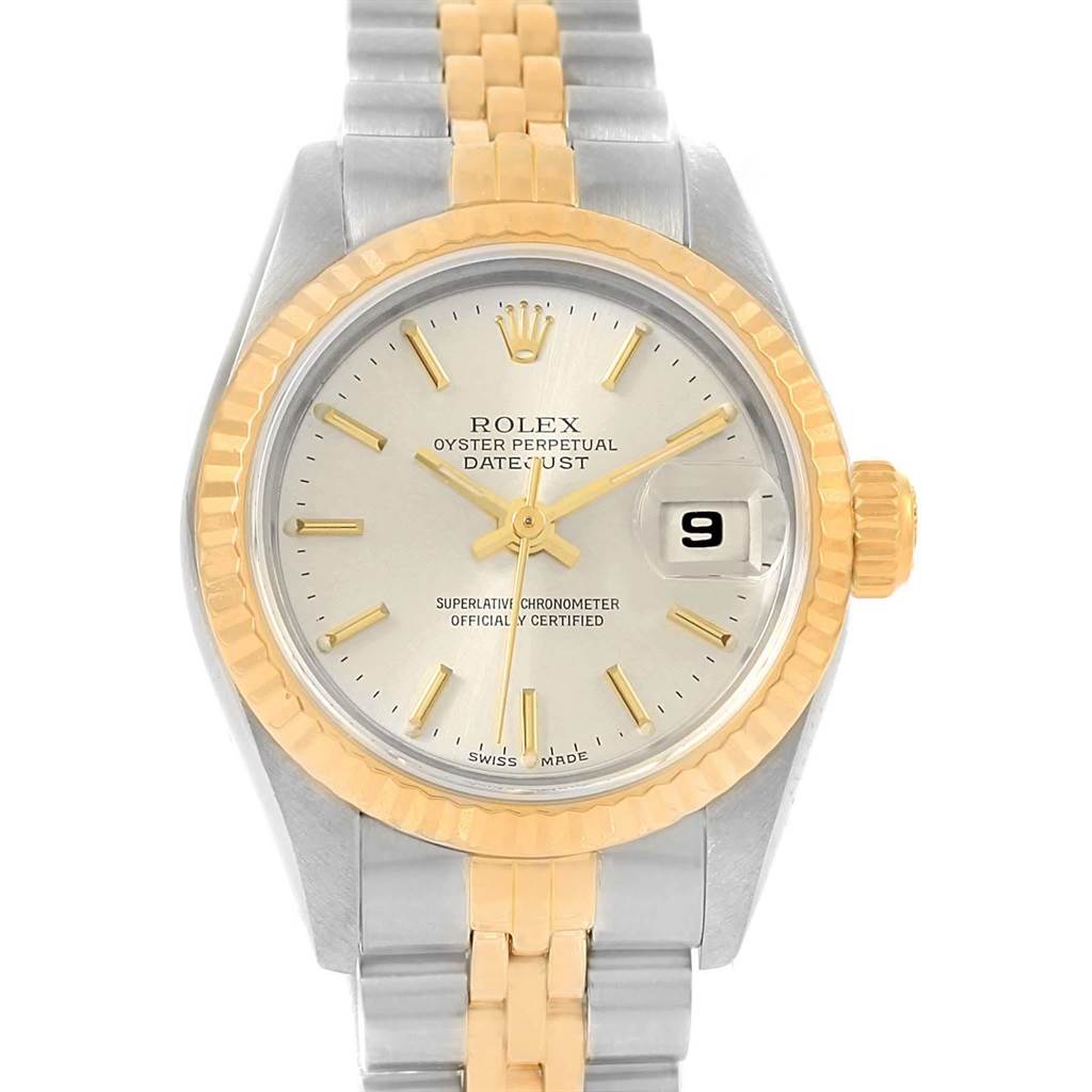 This image shows a front view of a Rolex Datejust 79173 Women's Steel and Gold (two tone) Silver Dial 79173 Women's Steel and Gold (two tone) Silver Dial watch, displaying the dial, bezel, and part of the bracelet.