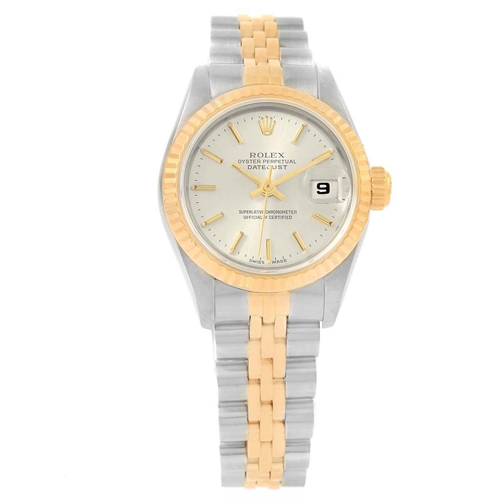 The Rolex Datejust 79173 Women's Steel and Gold (two tone) Silver Dial 79173 Women's Steel and Gold (two tone) Silver Dial model watch is shown from a top-down angle, displaying its silver dial, gold fluted bezel, and two-tone bracelet.