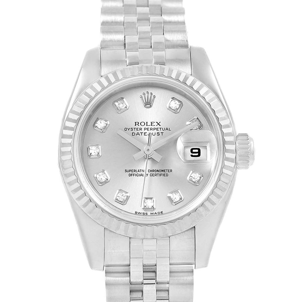 This image shows a full frontal view of a Rolex Datejust 179174 Women's Stainless Steel Silver Dial 179174 Women's Stainless Steel Silver Dial watch, featuring its dial, bezel, crown, and part of the bracelet.