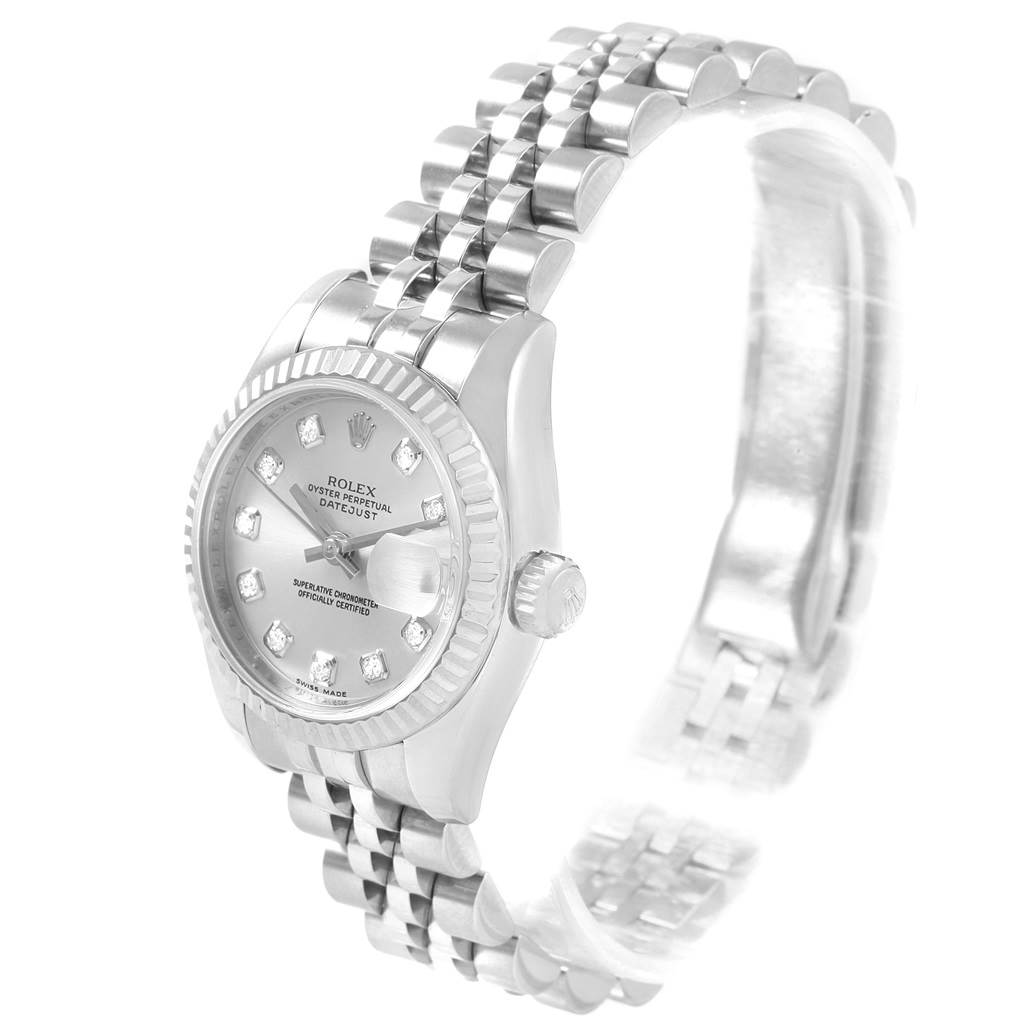 The Rolex Datejust 179174 Women's Stainless Steel Silver Dial 179174 Women's Stainless Steel Silver Dial watch is shown at a slight angle, displaying the face, bezel, crown, and a significant portion of the bracelet.