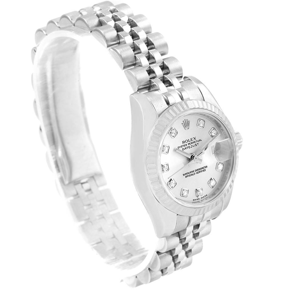 The image shows a Rolex Datejust 179174 Women's Stainless Steel Silver Dial 179174 Women's Stainless Steel Silver Dial watch from a front-left angle, highlighting its dial, bezel, and part of the bracelet.