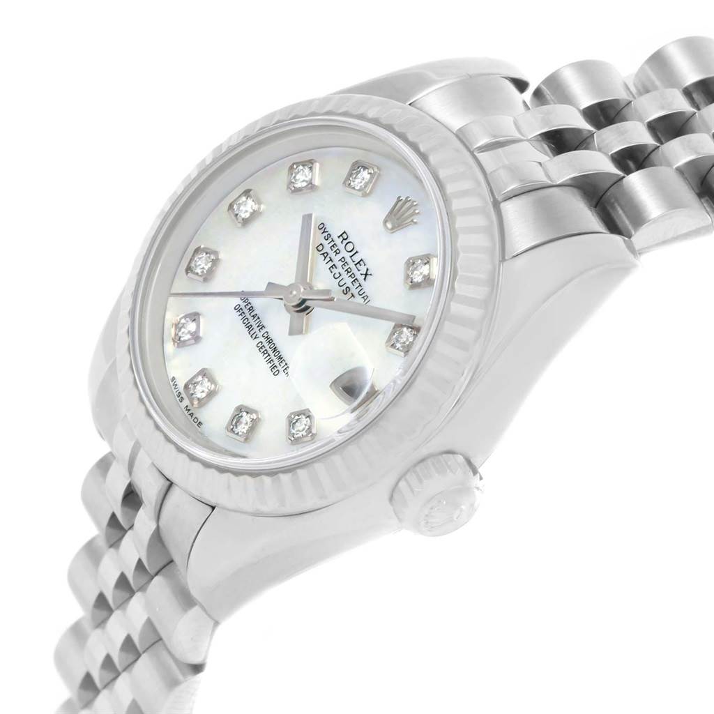 This image shows a side angle of the Rolex Datejust 179174 Women
s Stainless Steel Mother of Pearl Dial 179174 Women
s Stainless Steel Mother of Pearl Dial, highlighting the dial, bezel, and partially the bracelet.