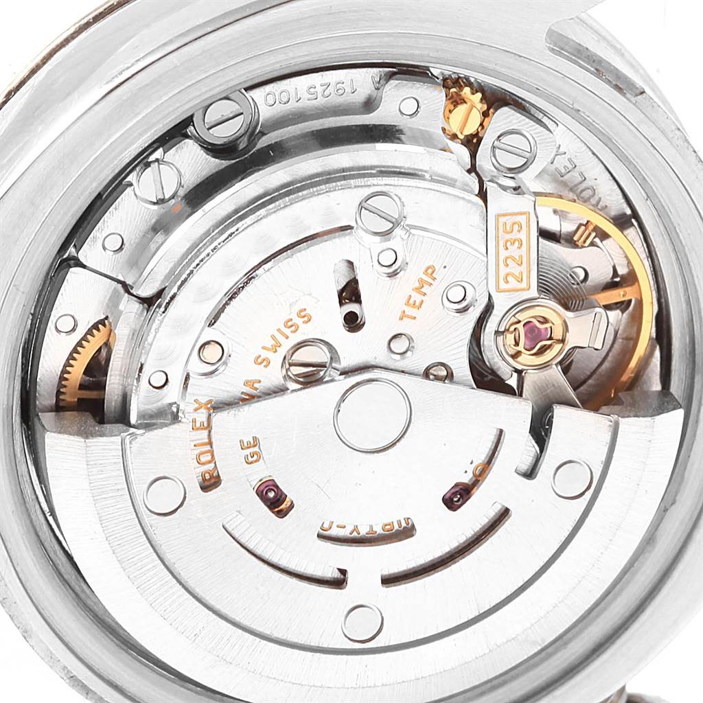 This close-up shows the movement and mechanical parts inside a Rolex Datejust 179174 Women
s Stainless Steel Mother of Pearl Dial 179174 Women
s Stainless Steel Mother of Pearl Dial watch.
