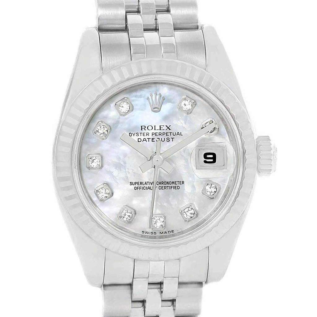This image shows a Rolex Datejust 179174 Women
s Stainless Steel Mother of Pearl Dial 179174 Women
s Stainless Steel Mother of Pearl Dial watch, facing forward, displaying its dial, hour markers, hands, date window, and part of the bracelet.