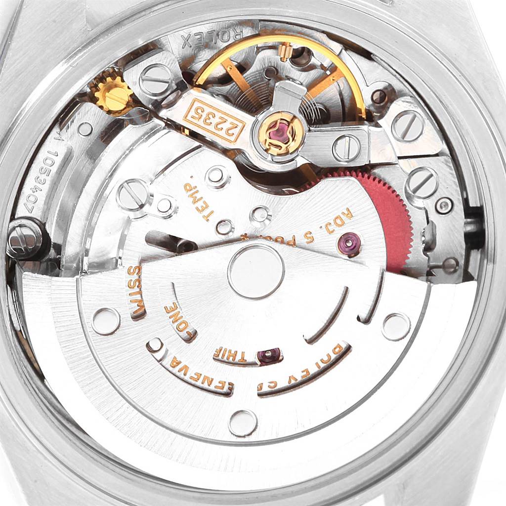 This is a close-up view of the movement inside a Rolex Datejust 79173 Women
s Stainless Steel Blue Dial 79173 Women
s Stainless Steel Blue Dial watch, showcasing its intricate mechanical parts.