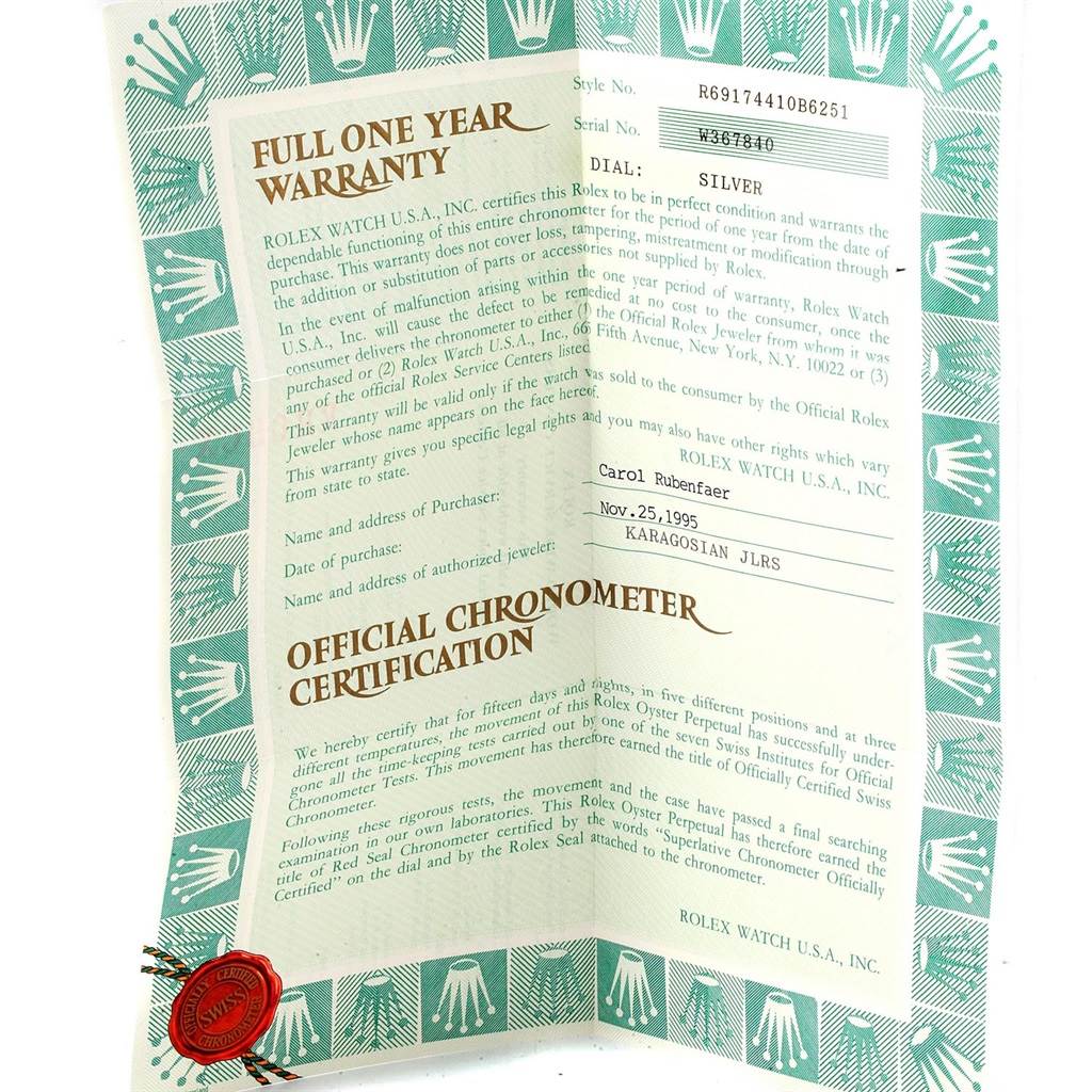 This image shows the warranty and official chronometer certification for a Rolex Datejust 69174 Women's Stainless Steel Silver Dial 69174 Women's Stainless Steel Silver Dial watch.