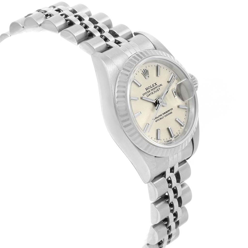 This image shows a side angle of the Rolex Datejust 69174 Women's Stainless Steel Silver Dial 69174 Women's Stainless Steel Silver Dial watch, highlighting its face, bracelet, and crown.