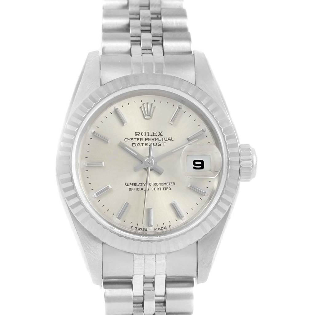 This image shows a front view of a Rolex Datejust 69174 Women's Stainless Steel Silver Dial 69174 Women's Stainless Steel Silver Dial watch with a silver dial, date display, and Jubilee bracelet.