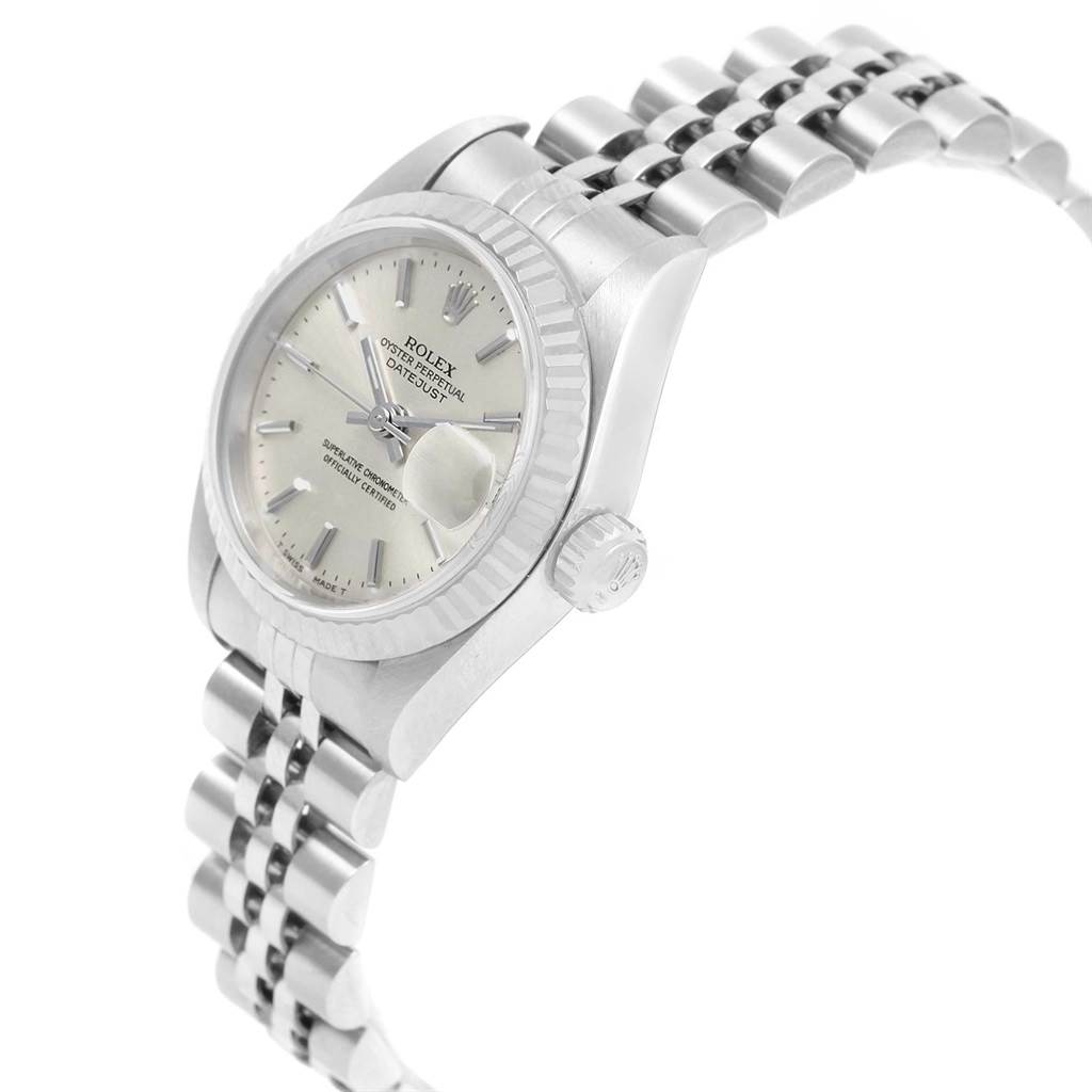 The Rolex Datejust 69174 Women's Stainless Steel Silver Dial 69174 Women's Stainless Steel Silver Dial watch is shown at a slight angle, displaying its face, bezel, crown, and stainless steel bracelet.