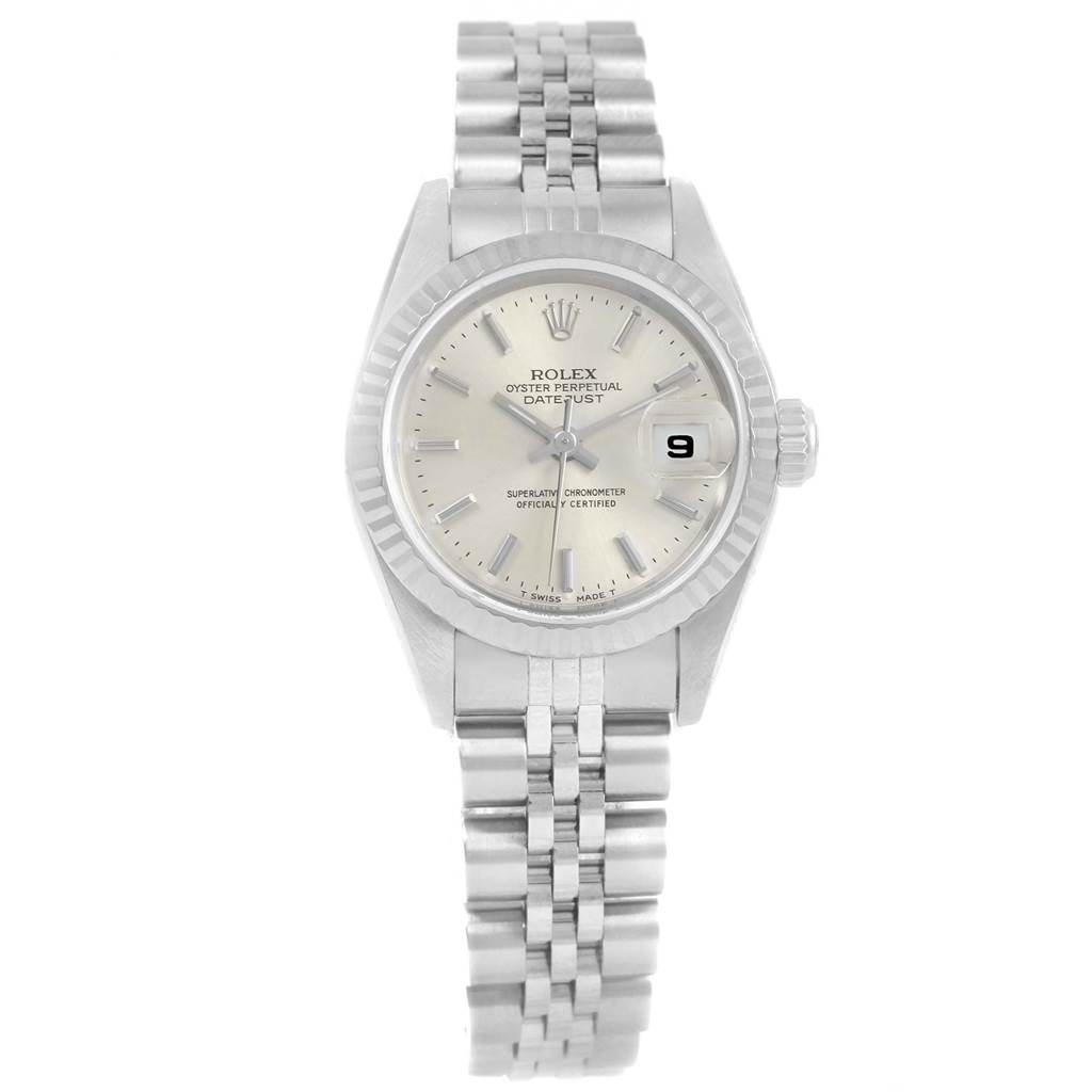 This image shows a front view of the Rolex Datejust 69174 Women's Stainless Steel Silver Dial 69174 Women's Stainless Steel Silver Dial watch, highlighting the dial, bracelet, and date window.