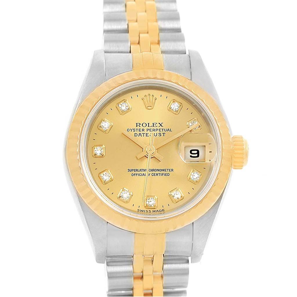 The image shows a Rolex Datejust 69173 Women's Stainless Steel Champagne Dial 69173 Women's Stainless Steel Champagne Dial watch with a gold dial, diamond hour markers, and a two-tone gold and silver bracelet, viewed from the front.