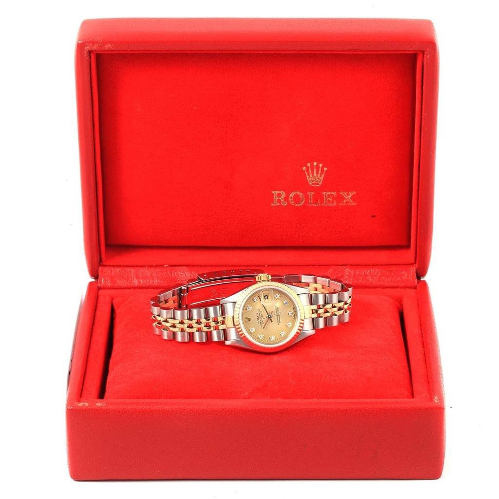 This Rolex Datejust 69173 Women's Stainless Steel Champagne Dial 69173 Women's Stainless Steel Champagne Dial watch is displayed front-on in an open red box, highlighting its dial and bracelet.