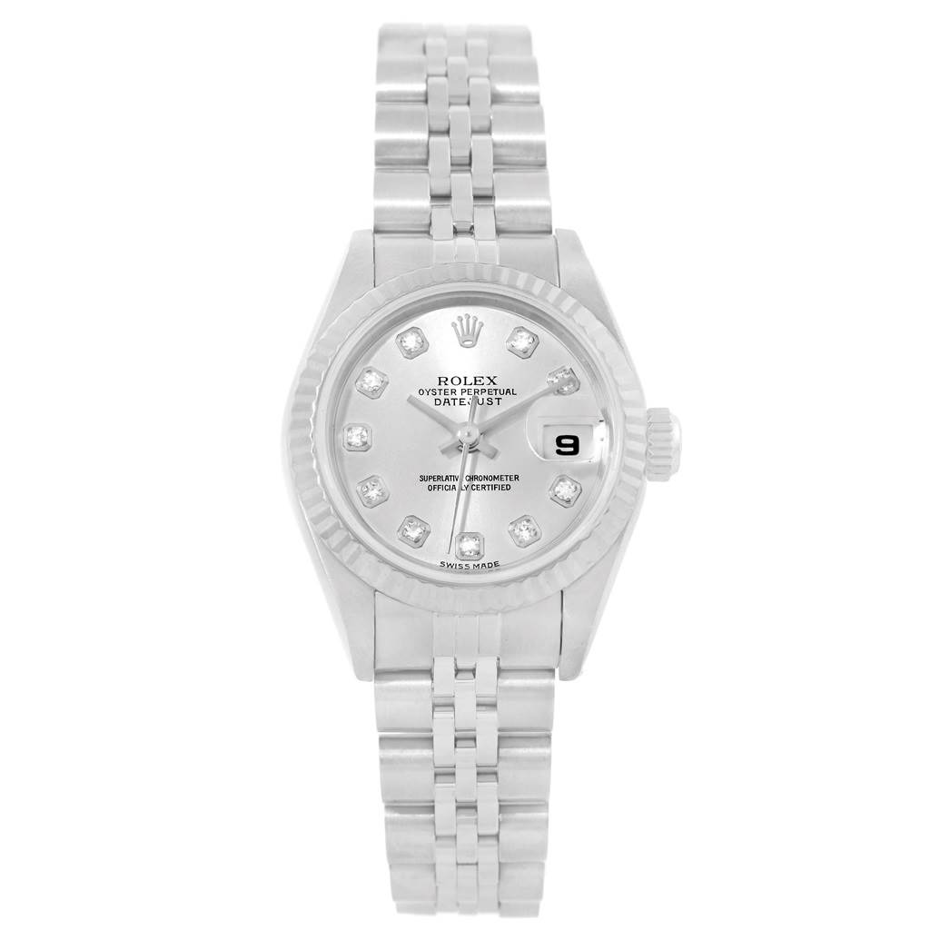 This image shows a front view of the Datejust model by Rolex, displaying the dial, bezel, crown, and bracelet.