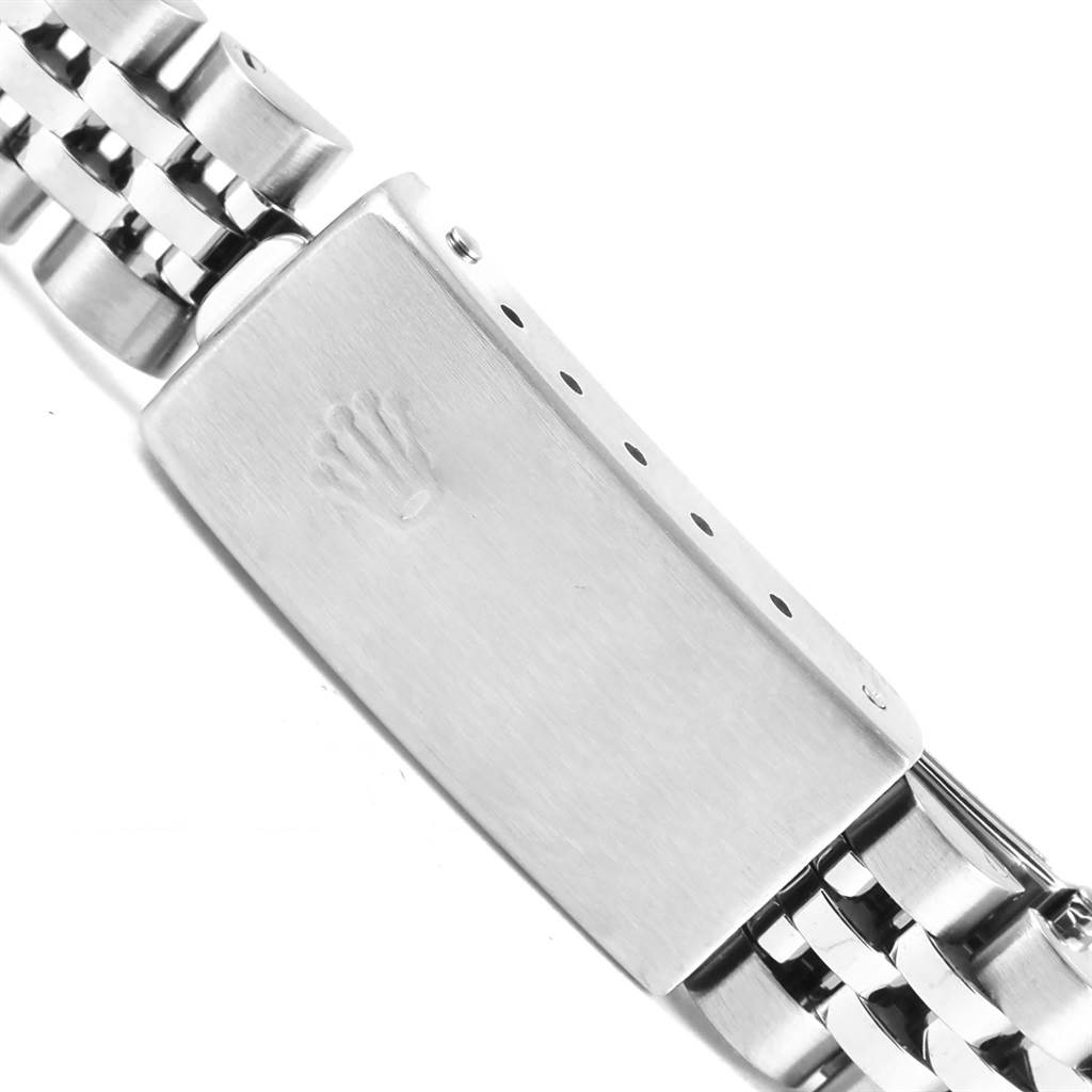 This image shows the clasp of a Rolex Datejust 79174 Women's Stainless Steel Silver Dial 79174 Women's Stainless Steel Silver Dial watch band at a close-up angle.
