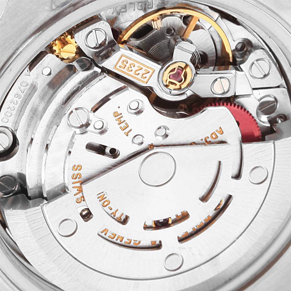 This image shows the movement mechanism of a Rolex Datejust 79174 Women's Stainless Steel Silver Dial 79174 Women's Stainless Steel Silver Dial watch from a close-up angle.