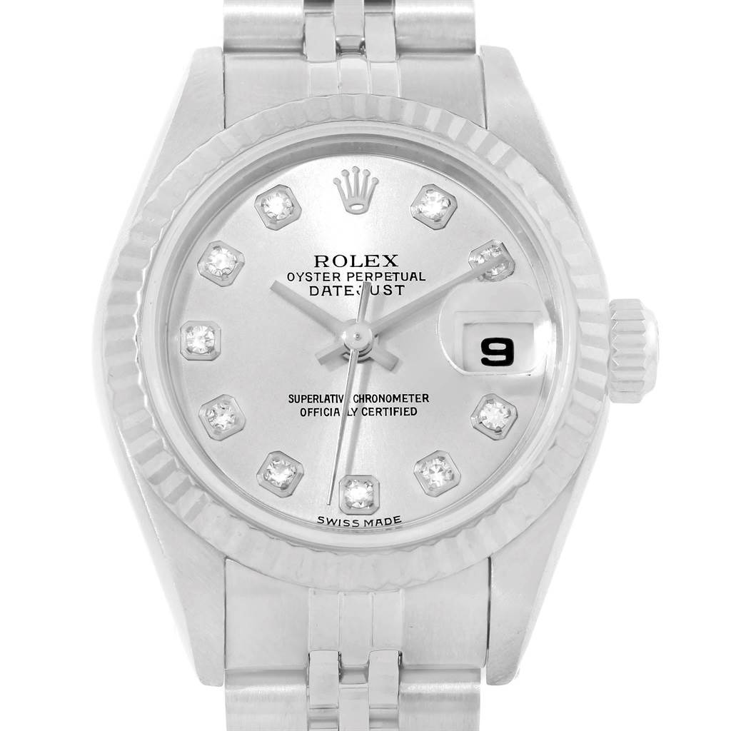The image shows a front view of a Rolex Datejust 79174 Women's Stainless Steel Silver Dial 79174 Women's Stainless Steel Silver Dial watch displaying the face, bezel, crown, and top of the bracelet.