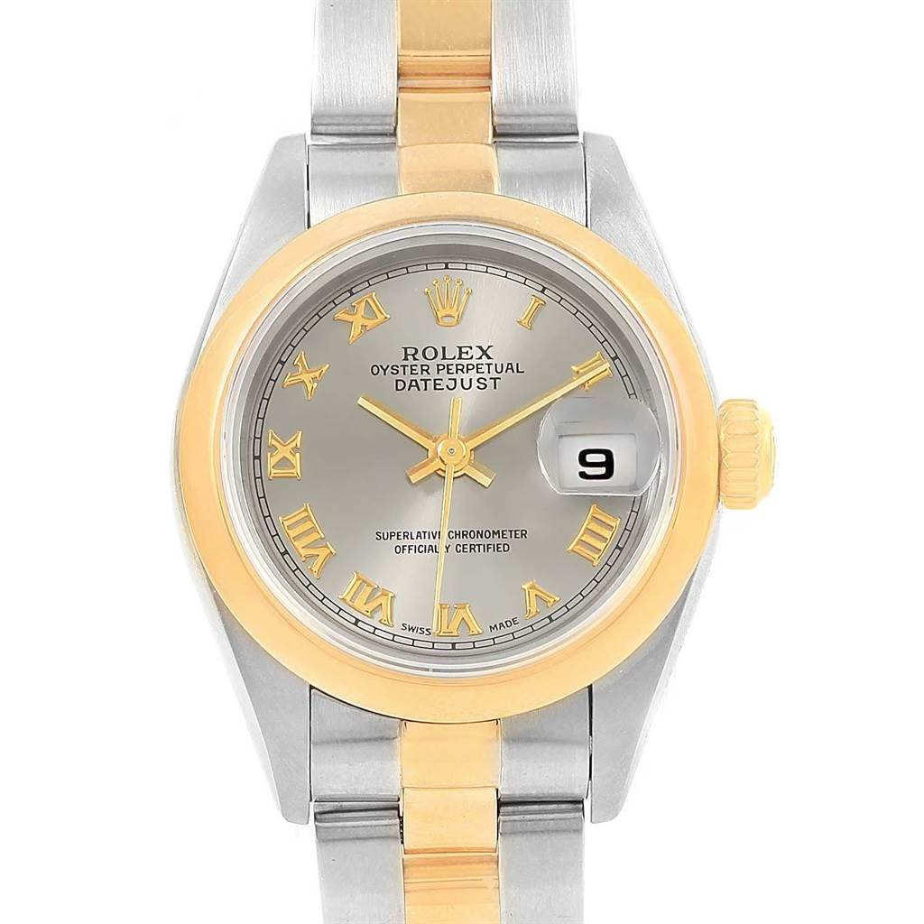 The image shows a front view of the Rolex Datejust 69163 Women's Stainless Steel Grey Dial 69163 Women's Stainless Steel Grey Dial watch, highlighting the dial, bezel, and part of the bracelet.