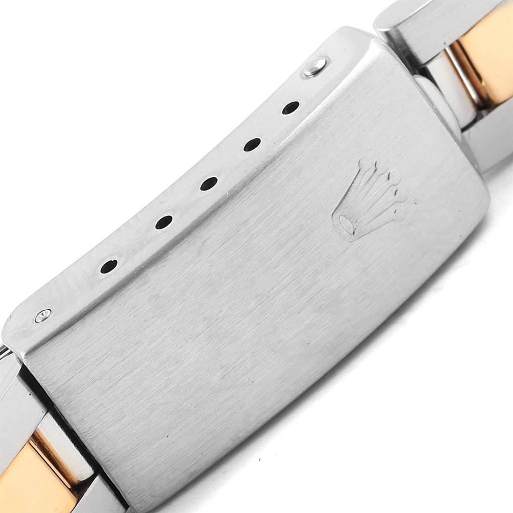 This image shows the clasp of a Rolex Datejust 69163 Women's Stainless Steel Grey Dial 69163 Women's Stainless Steel Grey Dial watch, featuring the brand's crown logo.