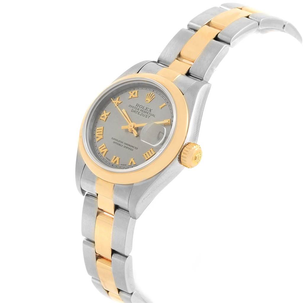 This Rolex Datejust 69163 Women's Stainless Steel Grey Dial 69163 Women's Stainless Steel Grey Dial watch is shown from a slightly angled side view, displaying the dial, bezel, crown, and bracelet.