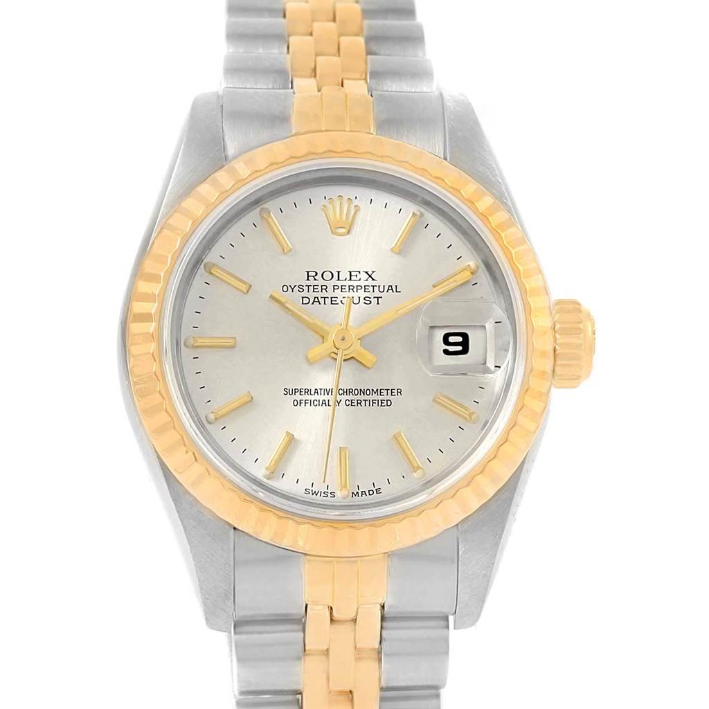 The image shows a front view of the Rolex Datejust 79173 Women's Steel and Gold (two tone) Silver Dial 79173 Women's Steel and Gold (two tone) Silver Dial watch, displaying its face, bezel, and part of the bracelet.