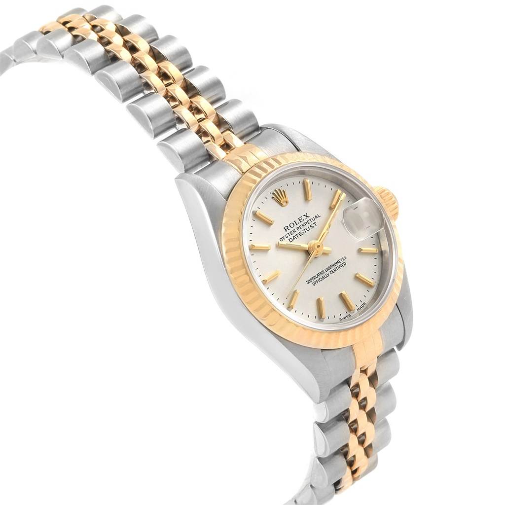 The Rolex Datejust 79173 Women's Steel and Gold (two tone) Silver Dial 79173 Women's Steel and Gold (two tone) Silver Dial watch is shown at a slight angle, highlighting the dial, bezel, and two-tone bracelet.
