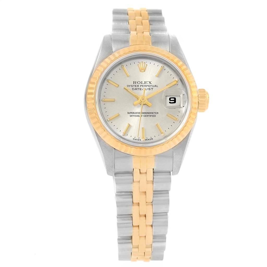 The image shows a Rolex Datejust 79173 Women's Steel and Gold (two tone) Silver Dial 79173 Women's Steel and Gold (two tone) Silver Dial watch from a front angle, featuring its dial, bezel, and two-tone bracelet.
