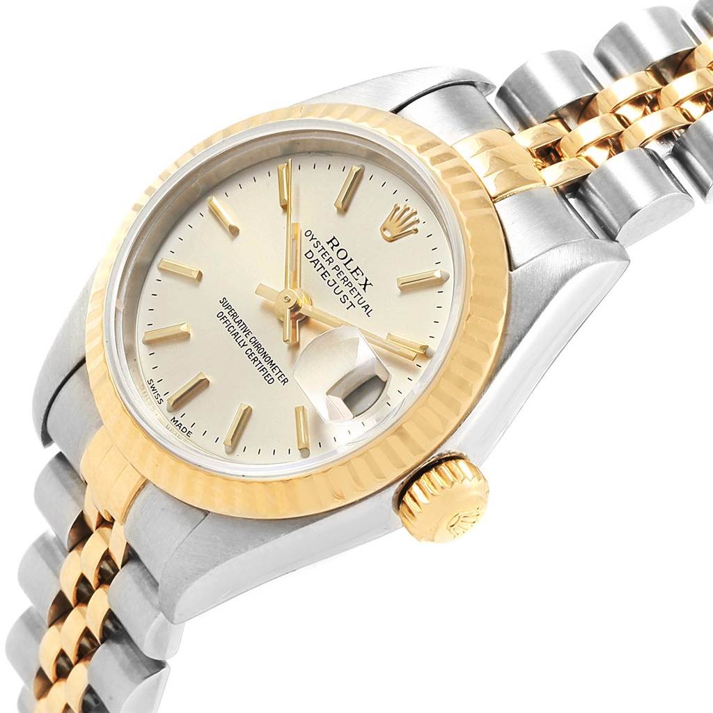 The image shows a close-up side angle of the Rolex Datejust 79173 Women's Steel and Gold (two tone) Silver Dial 79173 Women's Steel and Gold (two tone) Silver Dial watch, highlighting its dial, crown, and two-tone bracelet.