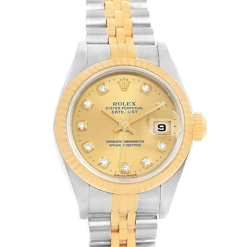 This image shows a Rolex Datejust 69173 Women's Stainless Steel Champagne Dial 69173 Women's Stainless Steel Champagne Dial watch from a front view, displaying its dial, bezel, bracelet, and crown.