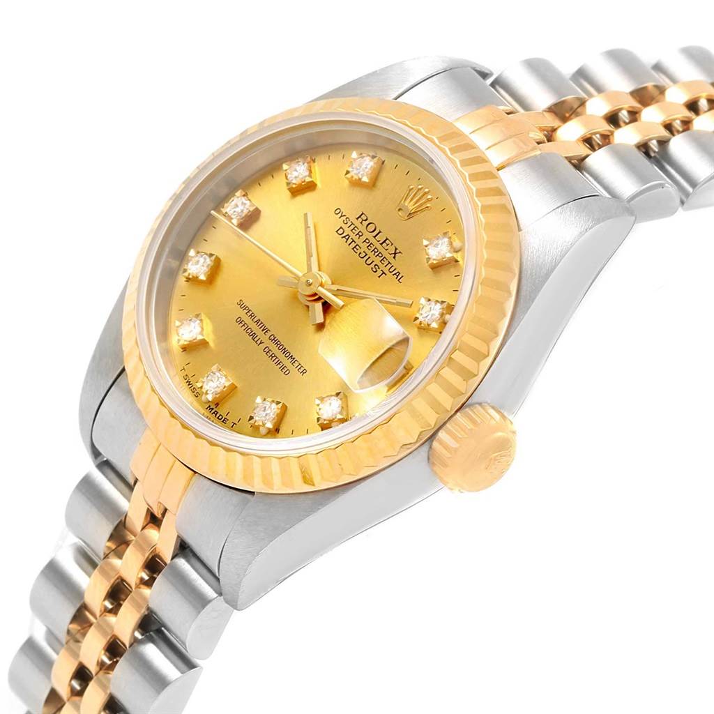 The image shows a close-up angle of the face, bezel, and part of the bracelet of the Rolex Datejust 69173 Women's Stainless Steel Champagne Dial 69173 Women's Stainless Steel Champagne Dial watch.