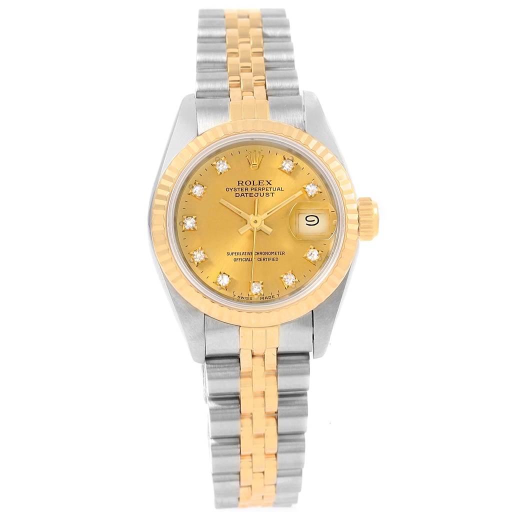 The Rolex Datejust 69173 Women's Stainless Steel Champagne Dial 69173 Women's Stainless Steel Champagne Dial watch is shown from a top-down angle, displaying the face, bezel, and two-tone bracelet.
