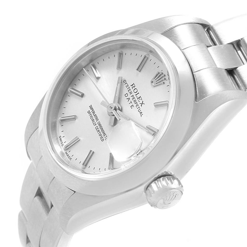 The image shows a close-up side angle of the Rolex Datejust 79160 Women's Stainless Steel Silver Dial 79160 Women's Stainless Steel Silver Dial watch, highlighting the dial, crown, and part of the bracelet.