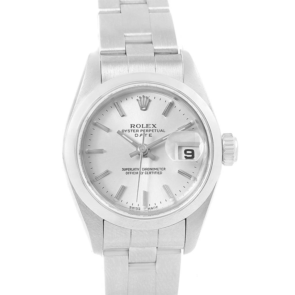 The image shows a front view of a Rolex Datejust 79160 Women's Stainless Steel Silver Dial 79160 Women's Stainless Steel Silver Dial watch, highlighting the face, bezel, crown, and part of the bracelet.