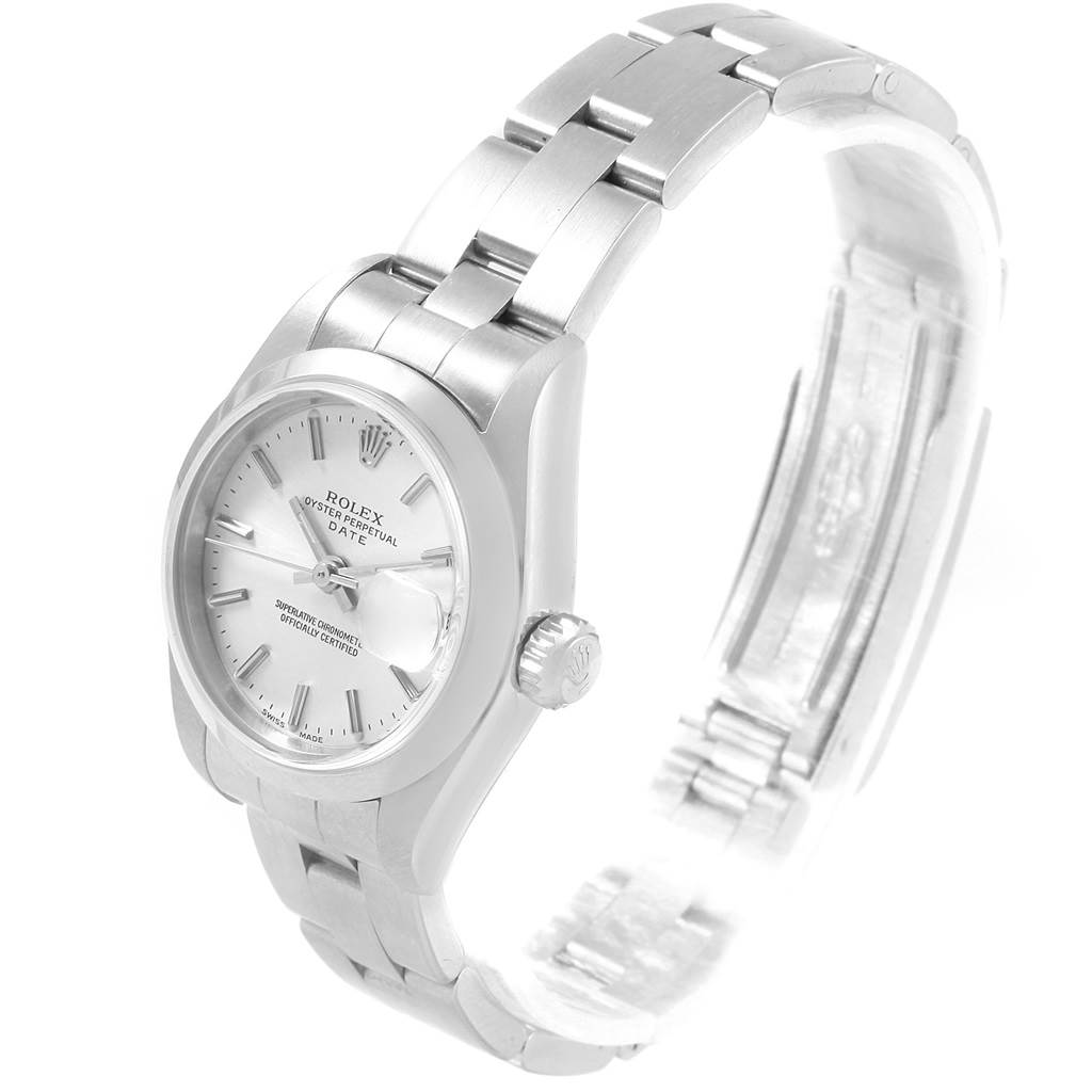 The image shows a Rolex Datejust 79160 Women's Stainless Steel Silver Dial 79160 Women's Stainless Steel Silver Dial watch, featuring its dial, crown, bracelet, and part of the clasp, viewed at a slight angle.