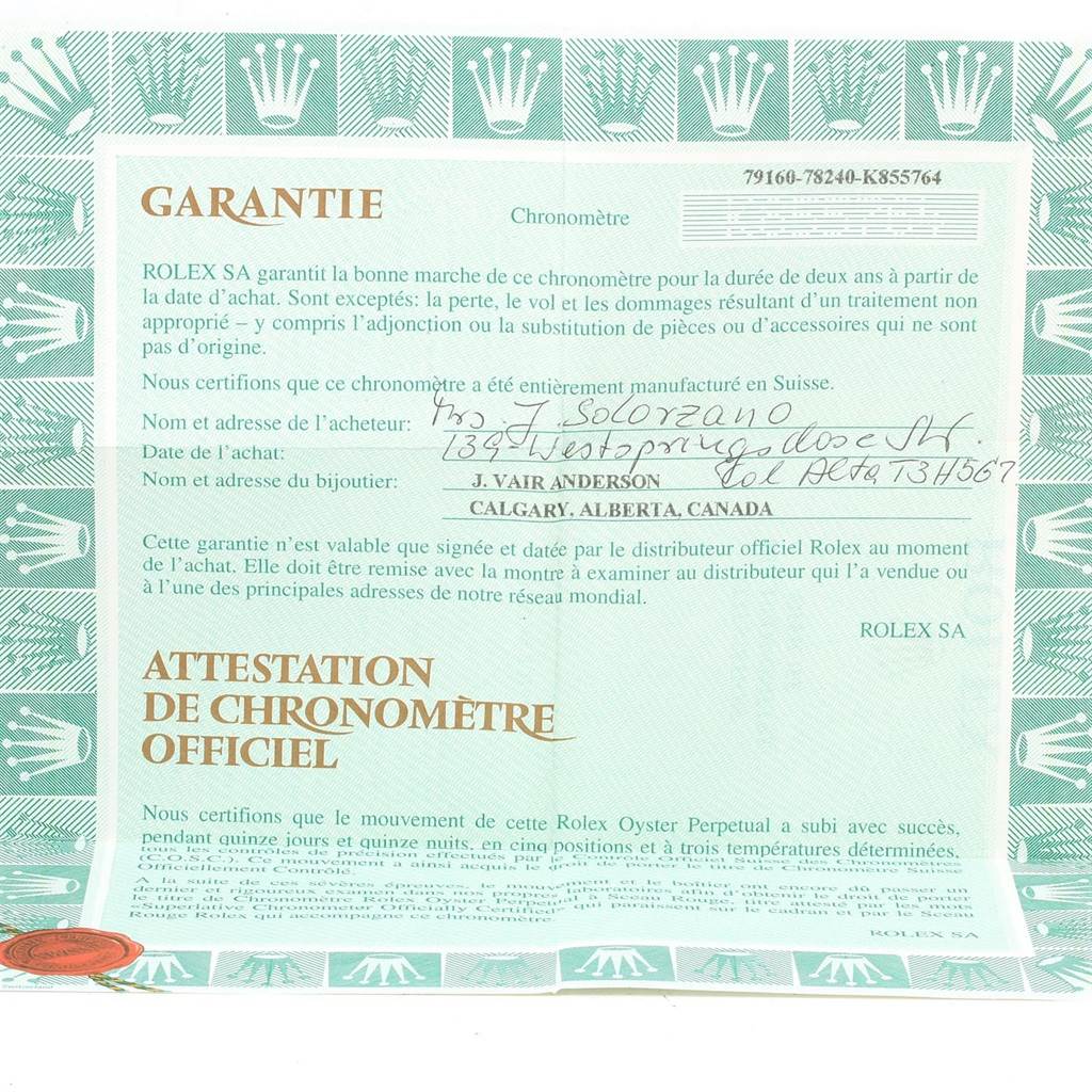 The image shows warranty documentation for a Rolex Datejust 79160 Women's Stainless Steel Silver Dial 79160 Women's Stainless Steel Silver Dial watch from a frontal angle.