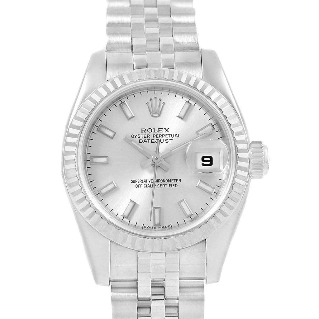 This image shows a front view of a Rolex Datejust 179174 Women's Stainless Steel Silver Dial 179174 Women's Stainless Steel Silver Dial watch, highlighting its dial, bezel, and bracelet.