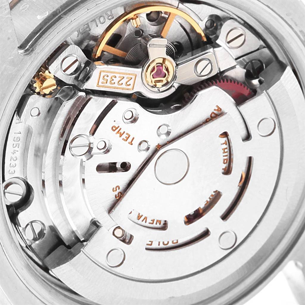This is a close-up, top-down view of the movement inside a Rolex Datejust 179174 Women's Stainless Steel Silver Dial 179174 Women's Stainless Steel Silver Dial watch, showcasing its intricate mechanical parts.