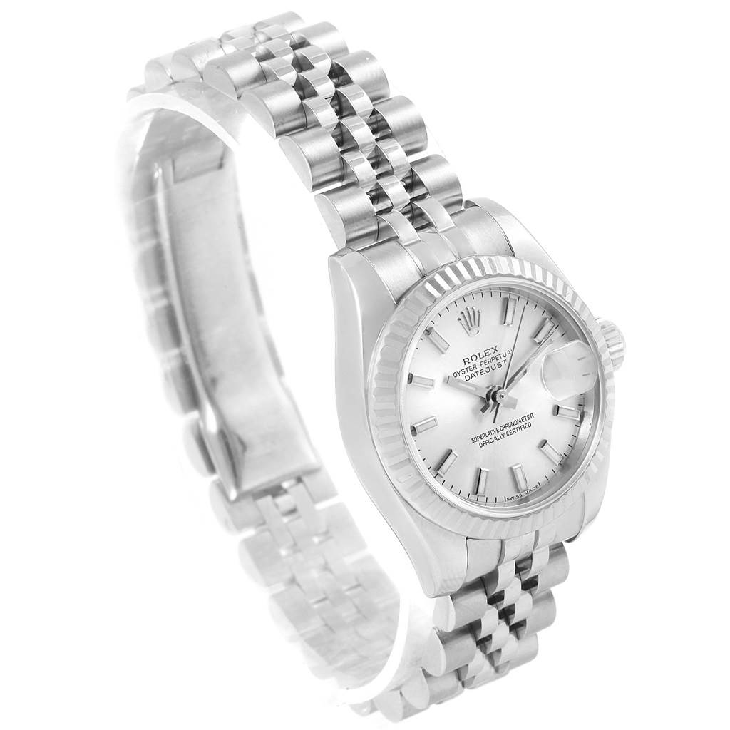 The image shows a Rolex Datejust 179174 Women's Stainless Steel Silver Dial 179174 Women's Stainless Steel Silver Dial watch from a three-quarter angle, displaying the dial, case, bezel, and bracelet.