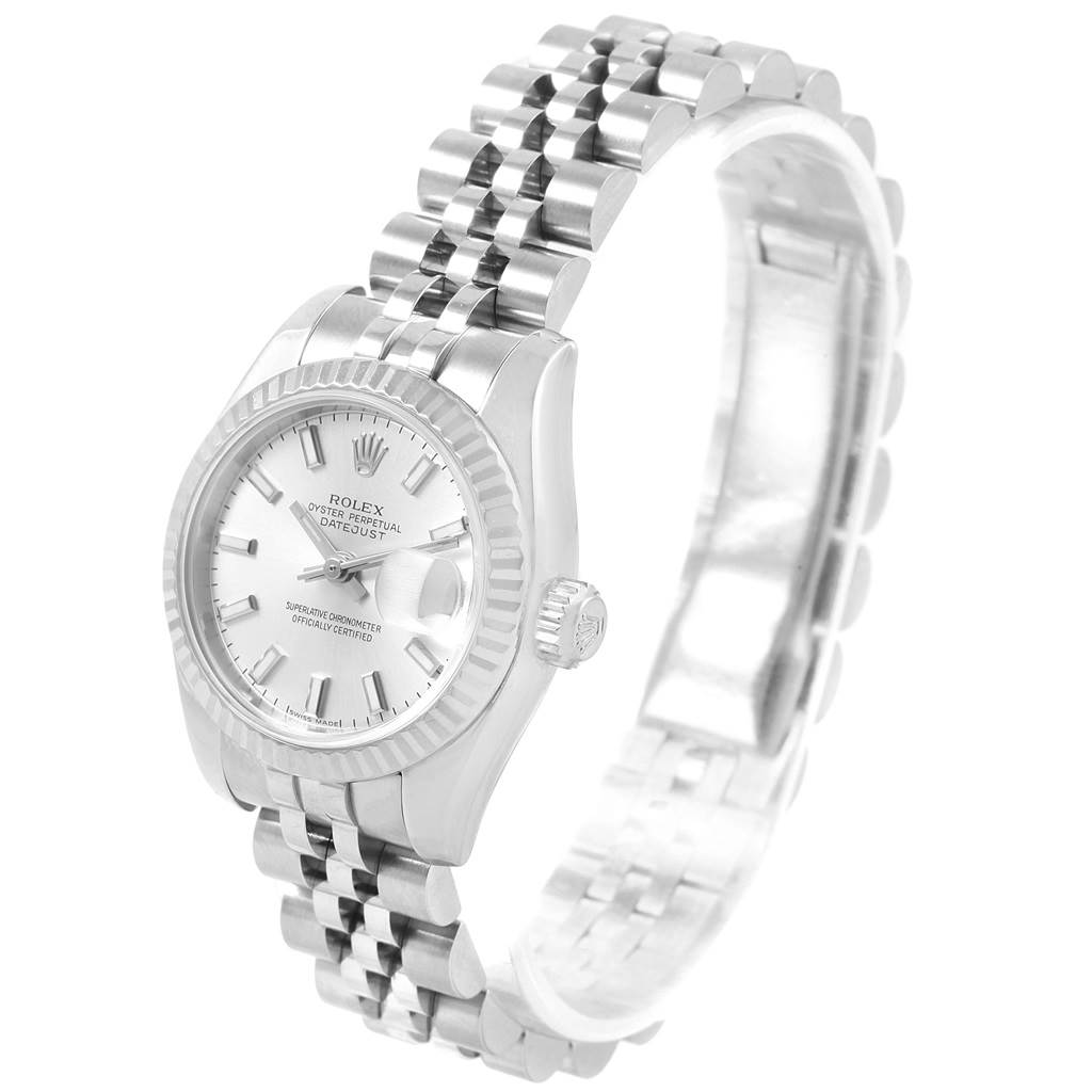 The image shows a Rolex Datejust 179174 Women's Stainless Steel Silver Dial 179174 Women's Stainless Steel Silver Dial watch angled from the top-left, displaying the dial, bezel, and bracelet.