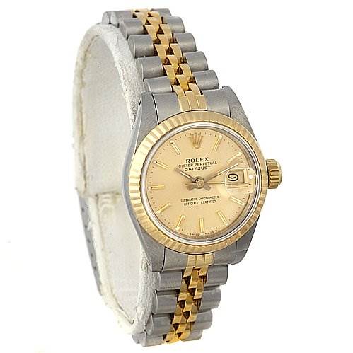 The image shows a Rolex Datejust 69173 Women's Yellow Gold Champagne Dial 69173 Women's Yellow Gold Champagne Dial watch from a slightly angled side view, highlighting the face, bezel, and bracelet.