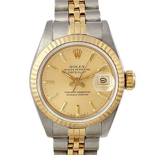 The image shows a Rolex Datejust watch viewed from the front, featuring a gold bezel, champagne dial, and a two-tone metal bracelet.