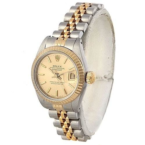 This image shows the front view of a Rolex Datejust 69173 Women's Yellow Gold Champagne Dial 69173 Women's Yellow Gold Champagne Dial watch, highlighting the face, bezel, and two-tone band.
