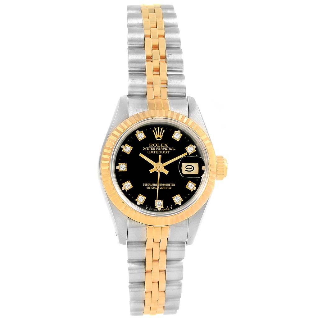 The image shows a front view of a Rolex Datejust 69173 Women's Stainless Steel Black Dial 69173 Women's Stainless Steel Black Dial watch featuring a two-tone band and a black dial with diamond markers.