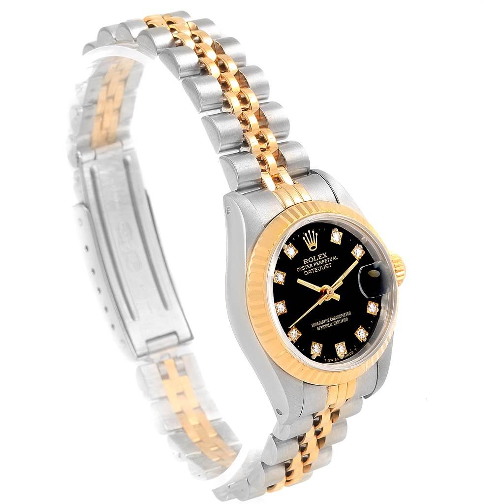 This image shows a Rolex Datejust 69173 Women's Stainless Steel Black Dial 69173 Women's Stainless Steel Black Dial watch with a two-tone bracelet, viewed at an angle highlighting the dial, case, and band.