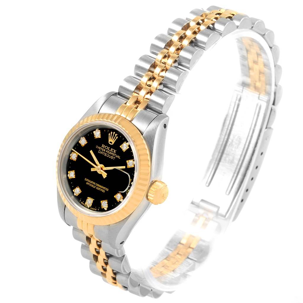 The image shows a Rolex Datejust 69173 Women's Stainless Steel Black Dial 69173 Women's Stainless Steel Black Dial watch angled to reveal the face, bezel, crown, and part of the bracelet.