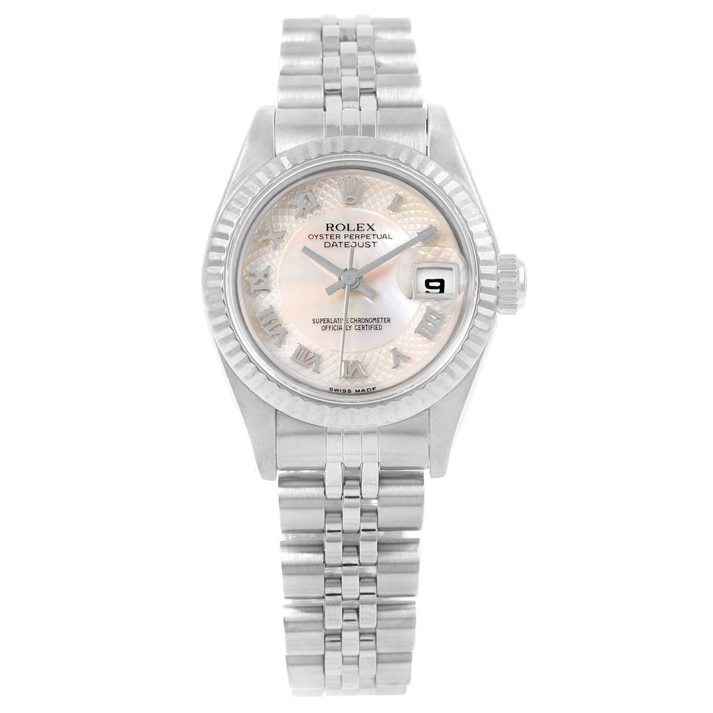 The image shows a front view of a Rolex Datejust 79174 Women's Stainless Steel Mother of Pearl Dial 79174 Women's Stainless Steel Mother of Pearl Dial watch, displaying its dial, bezel, bracelet, and date window.
